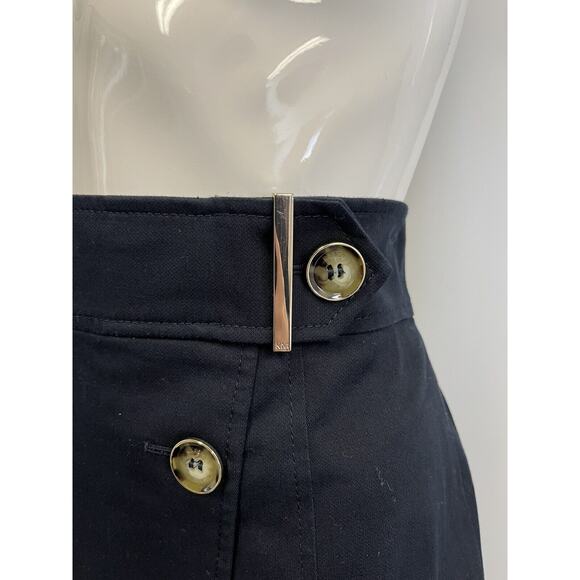KAREN MILLEN Blue Cotton Belt Accent Front Button Knee Length Pencil Skirt 8 - Picture 3 of 4